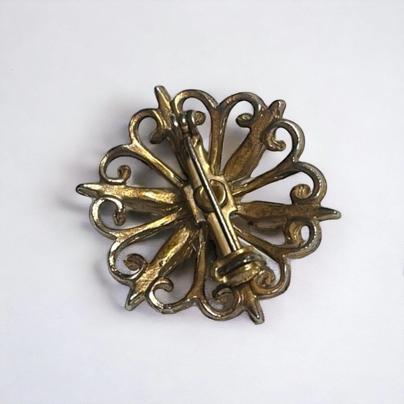 Vintage Antique Gold Tone Starburst Orange Acrylic Stones Faux Pearl Pin Brooch - Picture 2 of 3